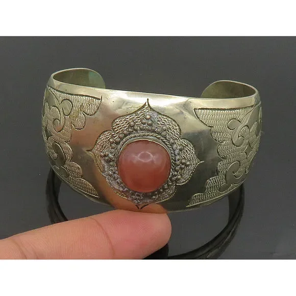 925 Silver Vintage Carnelian Beaded Swirl Wide Cuff Bracelet BT9347